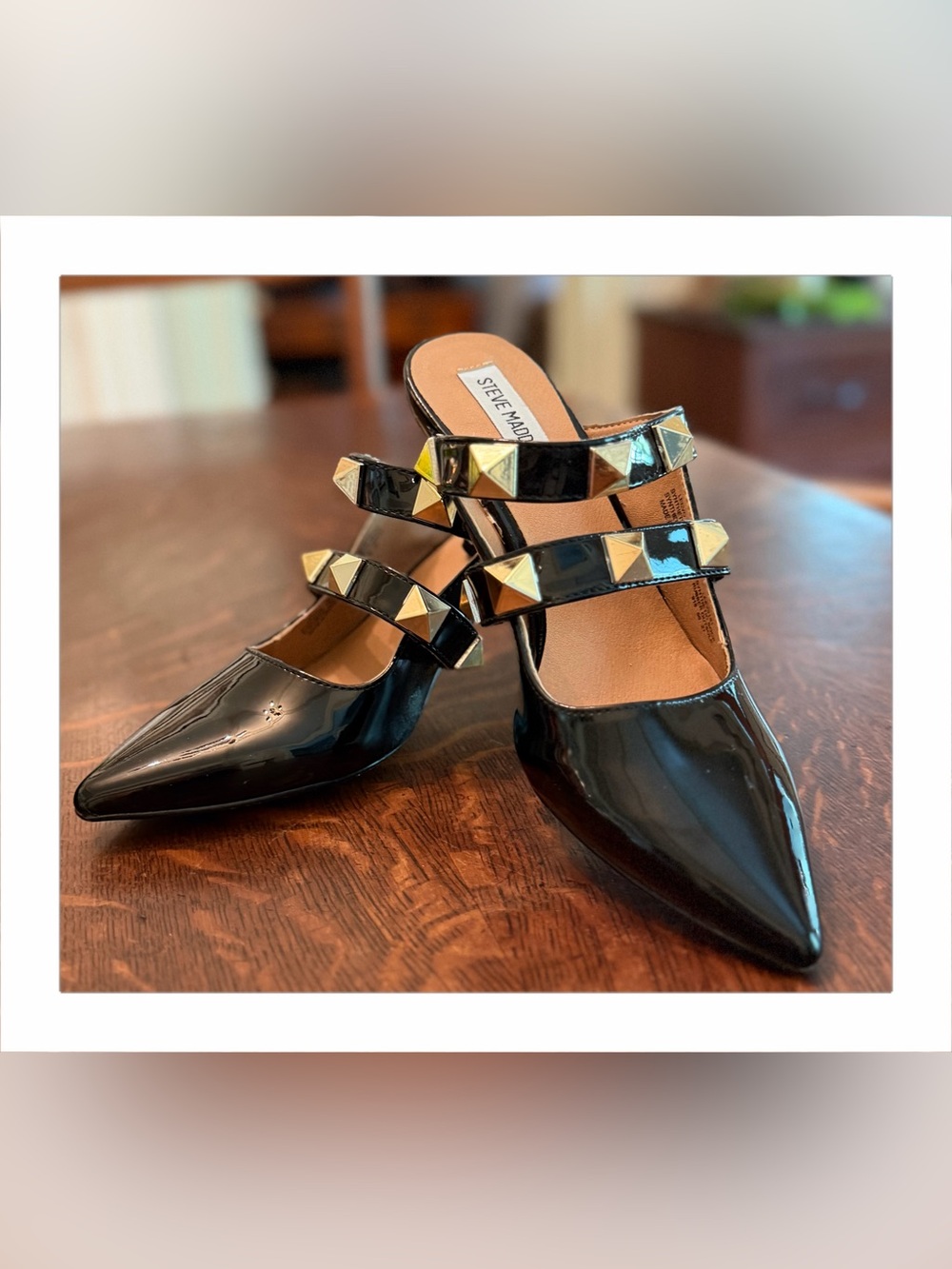 Steve Madden Womens Black Patent Leather Studded Strappy Pointed Toe Mules 8.5